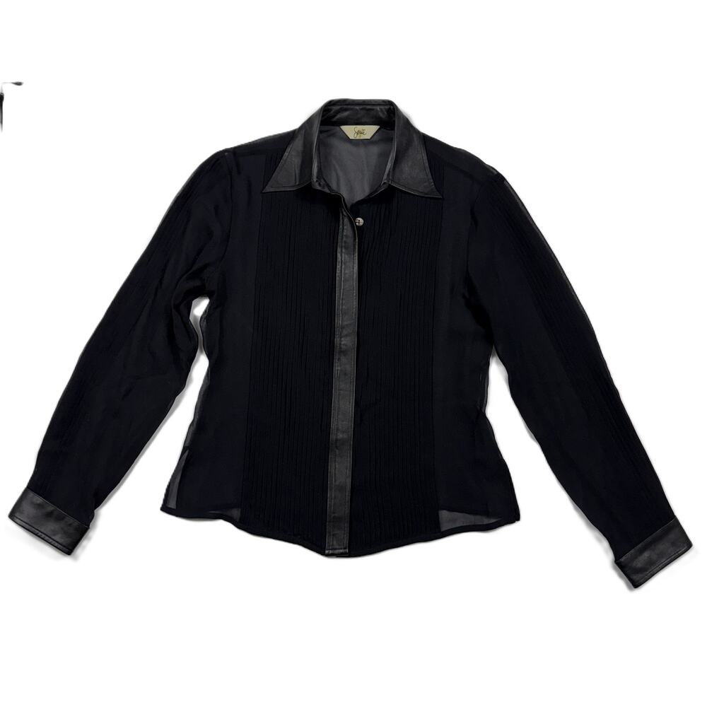 SAGAIE 90s VTG Paris black sheer long-sleeve tuxedo-style blouse leather trim - Picture 5 of 15